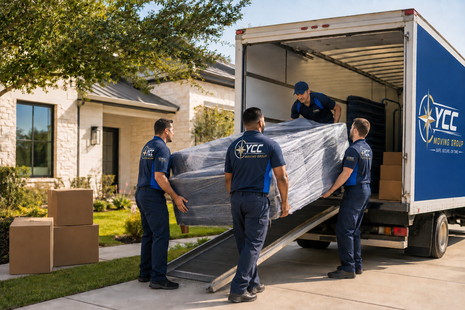 Professional moving crew loading wrapped furniture into a truck